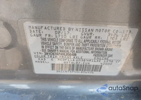 2017 Nissan Versa 1.6 Sv z USA, uszkodzony, nr VIN 3N1CN7AP4HL856406